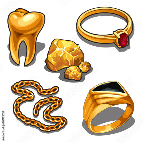 A set of jewelry and dentistry objects made of gold isolated on a white background. Vector illustration.