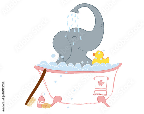 Hand drawn vector illustration with a cute baby elephant celebrating new birth - isolated on white background