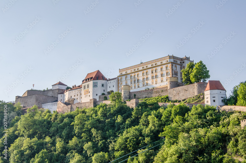 Castle on river bank in city of Passau in Germany, Bavaria