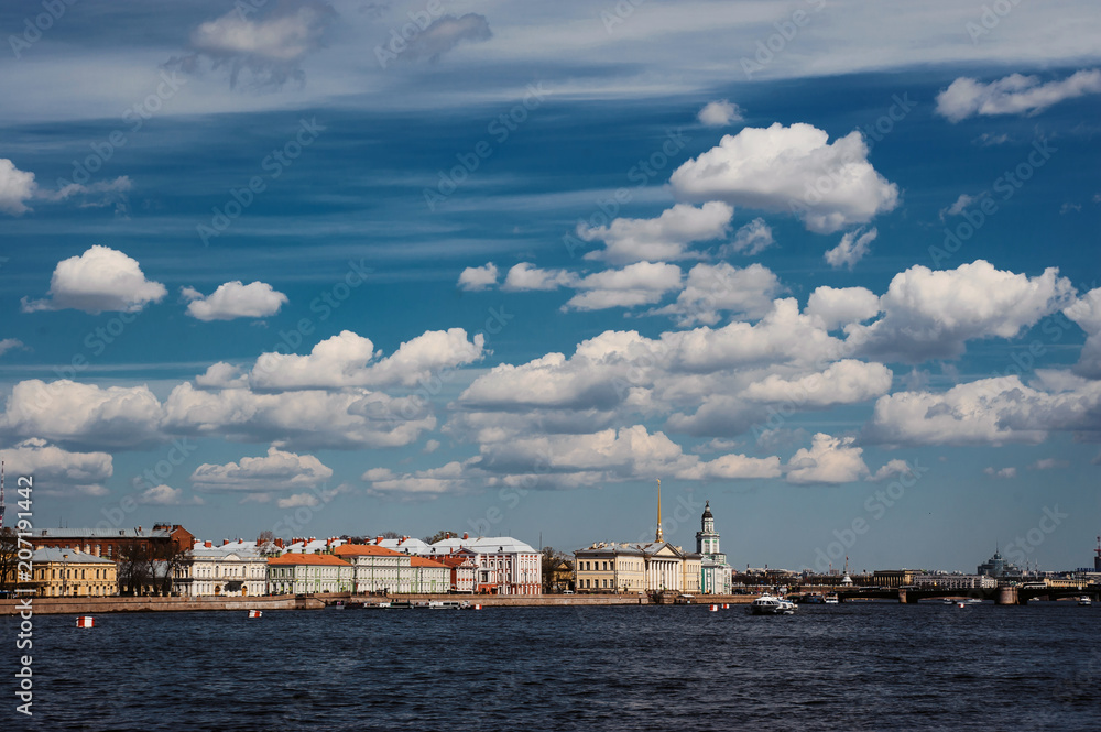 Panorama of St Petersburg, Russia, with Palace bridge over Neva river, golden dome of St Isaac cathedral, Admiralty building and Rostral Column