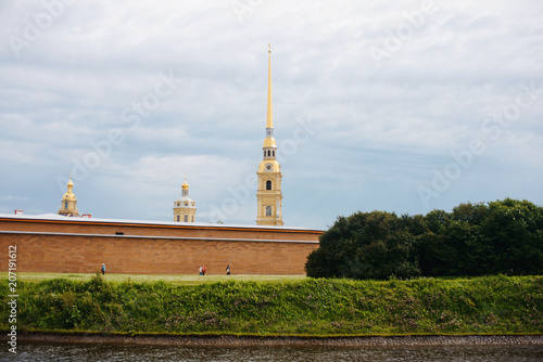 Panorama of St Petersburg, Russia, with Peter and Paul fortress over Neva river, golden dome of St Isaac cathedral, Admiralty building and Rostral Column