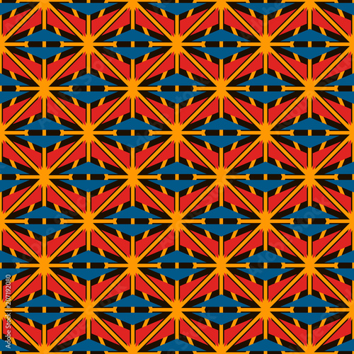 African style seamless surface pattern with abstract figures. Bright ethnic and tribal print grid geometric forms