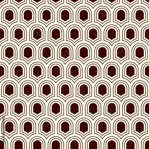 Seamless surface pattern with repeated ancient shields. Geometric figures background. Simple ornament with scale motifs.