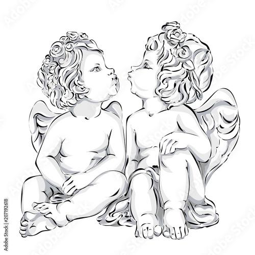 Angel wedding decor, Valentines day cupid, black and white vector illustration