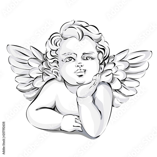 Angel wedding decor, Valentines day cupid, black and white vector illustration