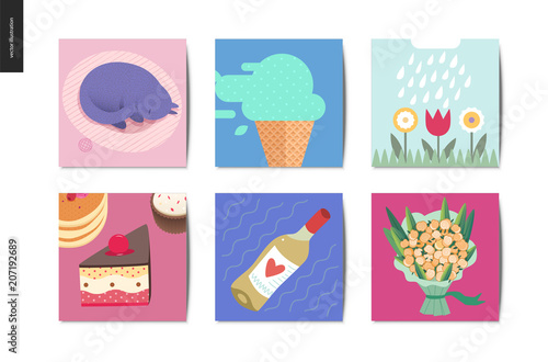 Simple things - cards - flat cartoon vector illustration of cat, ice cream, blooming flowers, rain, cake dessert, white wine and roses bouquet - summer postcards composition