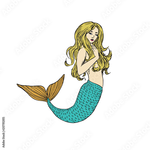 Blonde mermaid with turquoise tail, hand drawn outline doodle sketch, vector illustration