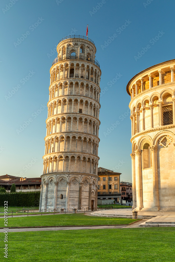 The Leaning Tower of Pisa at sunrise, Italy, Tuscany