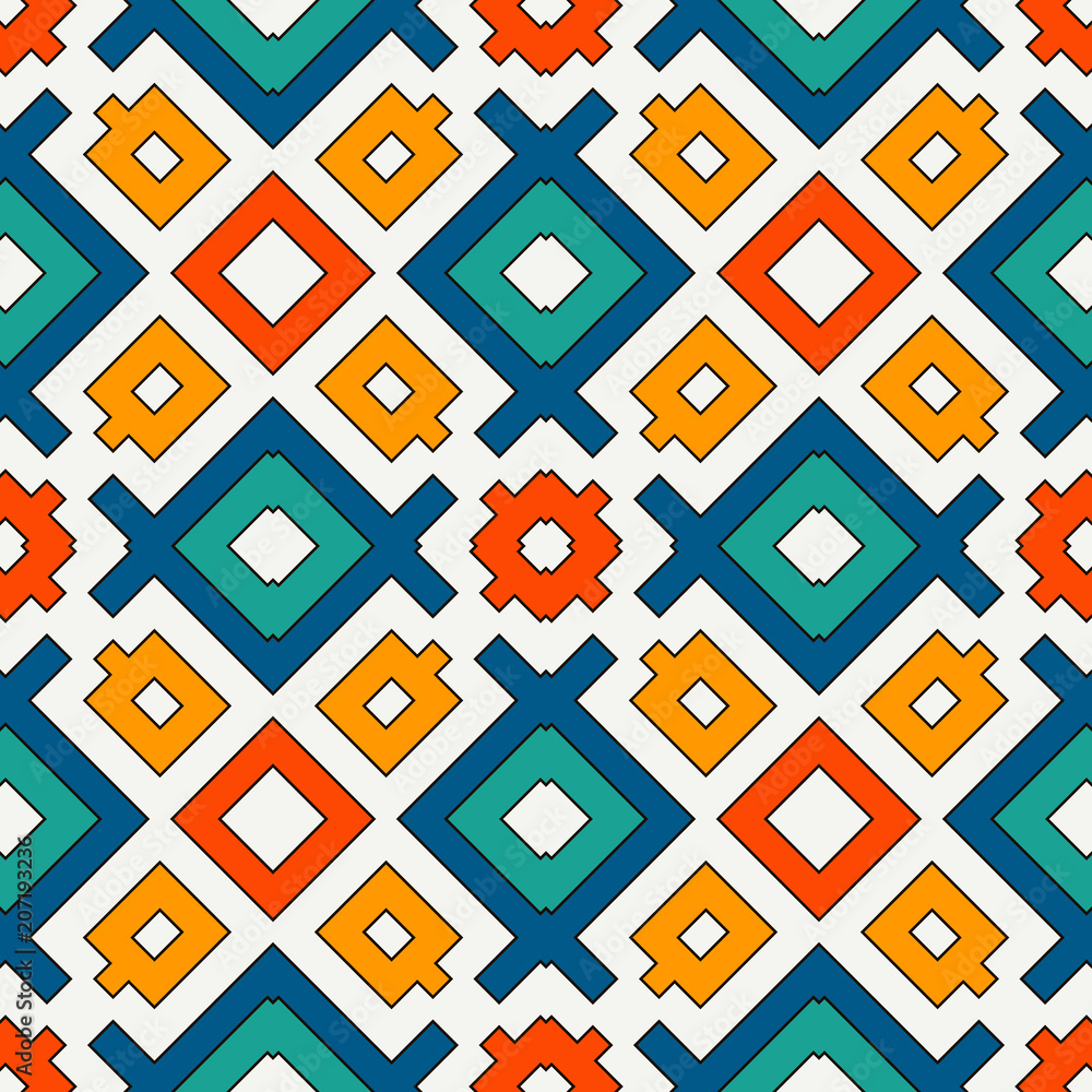 Seamless pattern in bright colors. Ethnic and tribal motif. Repeated geometric forms. Colorful ornamental background Seamless pattern in bright colors. Ethnic and tribal motif. Repeated geometric forms. Colorful ornamental background