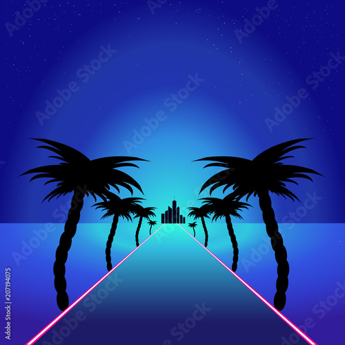 Blue themed retro synthwave retro design.