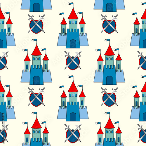 Kids background with castle and sword seamless pattern .