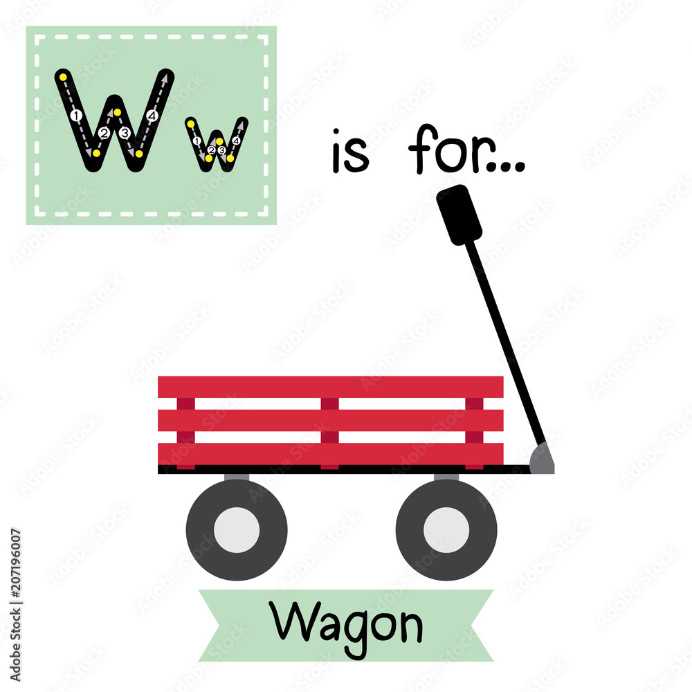 Letter W cute children colorful transportations ABC alphabet tracing
