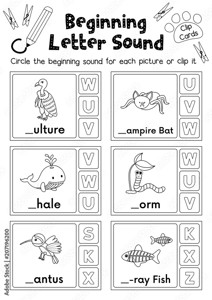 clip cards matching game of beginning letter sound v w x for preschool kids activity worksheet in animals theme coloring printable version layout in a4 stock vector adobe stock