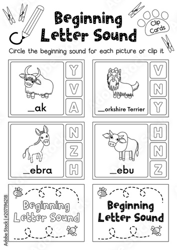 Clip cards matching game of beginning letter sound Y  Z for preschool kids activity worksheet in animals theme coloring printable version layout in A4.