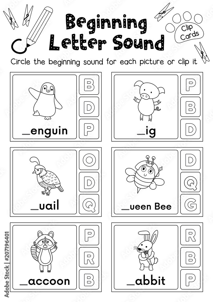 Clip cards matching game of beginning letter sound P, Q, R for