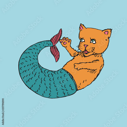 Red cat mermaid playing with it`s turquoise tail, hand drawn outline doodle sketch, colorful vector illustration