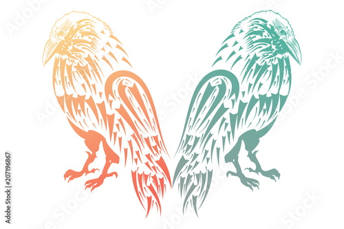 Two crows in gradient color. Tatu. Design drawing.