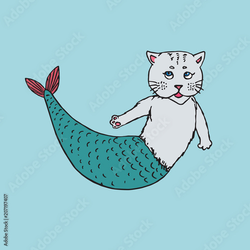 White cat mermaid with turquoise tail, hand drawn outline doodle sketch, colorful vector illustration
