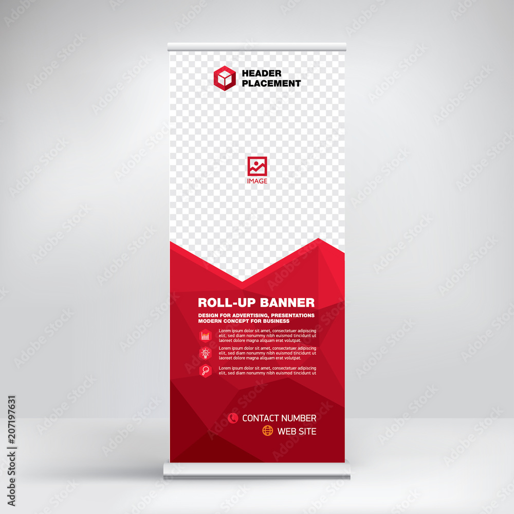 Banner roll-up vector, red graphic template for the exhibition stand, for the conference, accommodation advertising information and photos. Business concept, vector background Banner roll-up vector, red graphic template for the exhibition stand, for the conference, accommodation advertising information and photos. Business concept, vector background