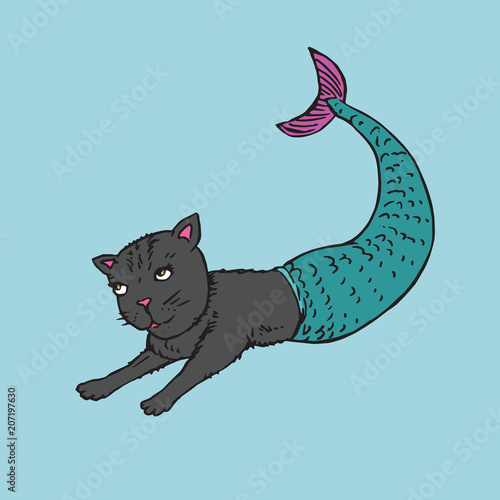 Black cat mermaid with turquoise tail, hand drawn outline doodle sketch, colorful vector illustration
