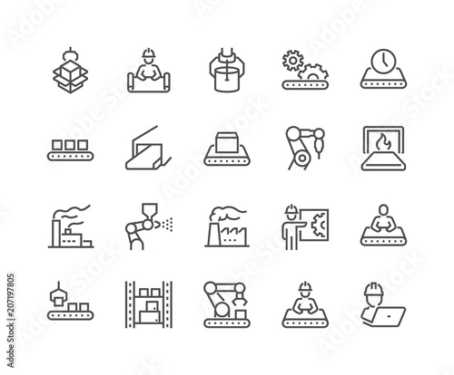 Simple Set of Mass Production Related Vector Line Icons. Contains such Icons as Industrial Oven, Robot Manipulator, Warehouse, Painting Bot and more. Editable Stroke. 48x48 Pixel Perfect. photo