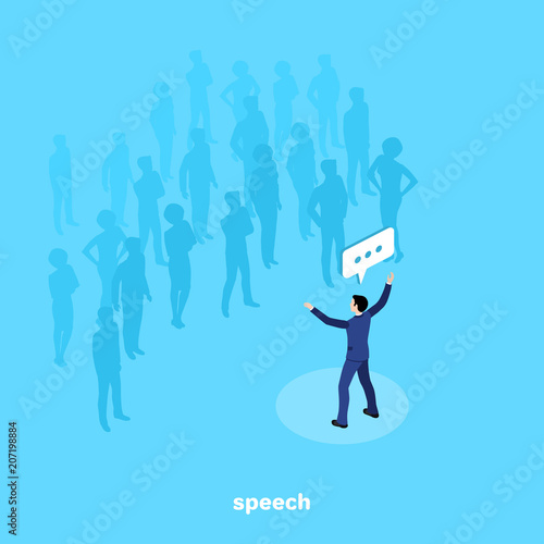 a man in a business suit stands in front of a group of people, an isometric image
