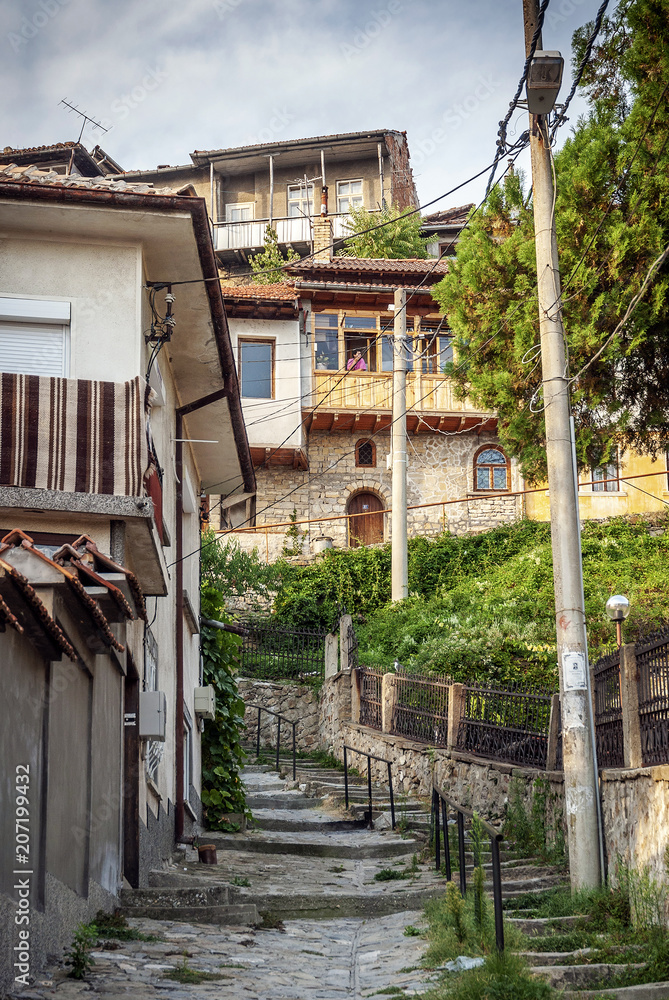 old town street and houses view of veliko tarnovo bulgaria