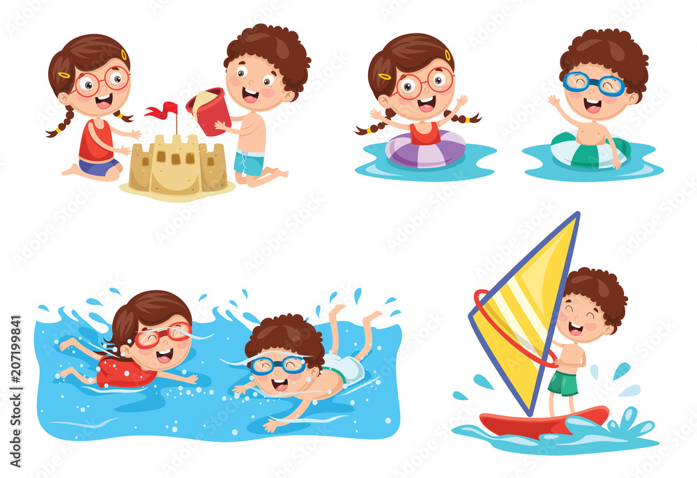 Vector Illustration Of Kids Playing At Beach and Sea Vector Illustration Of Kids Playing At Beach and Sea