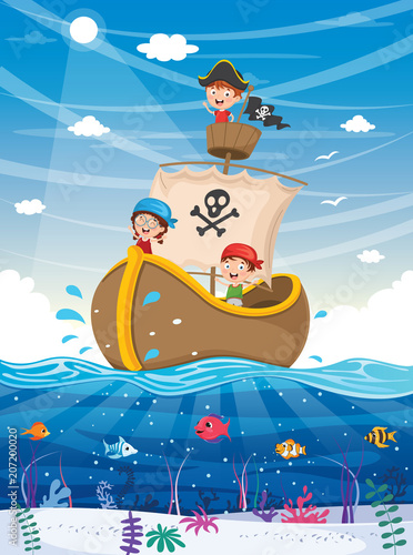Vector Illustration Of Kids Playing At Beach and Sea