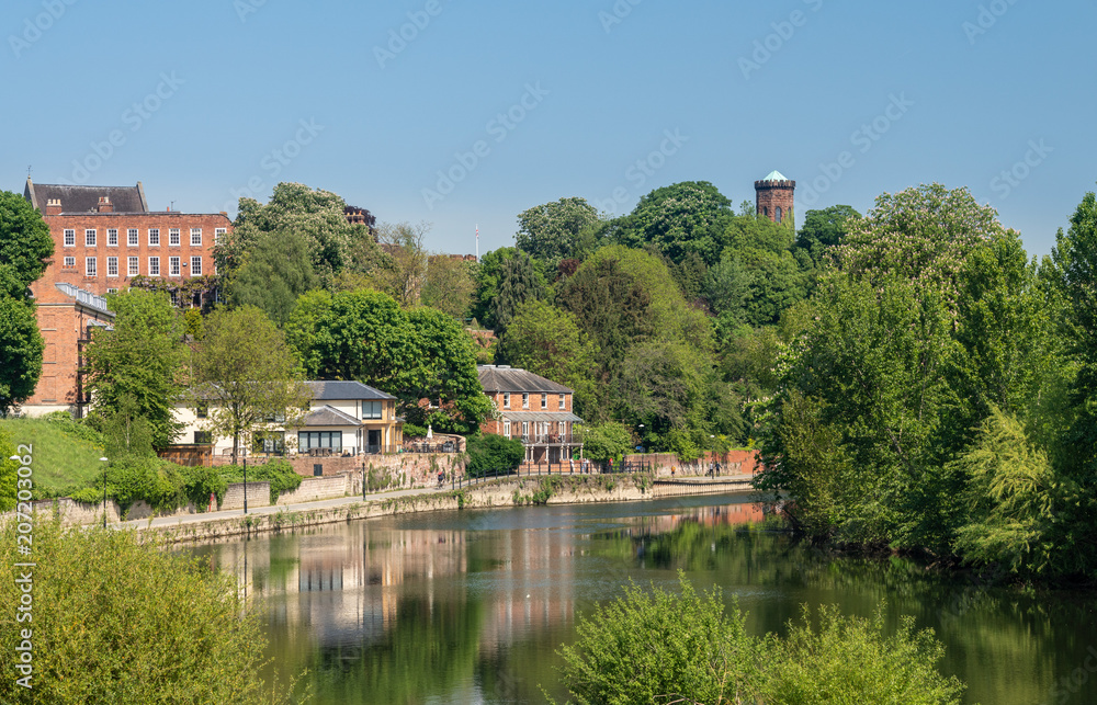 Skyline of Shrewsbury above river Severn