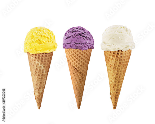 ice cream in waffle cones isolated on white background