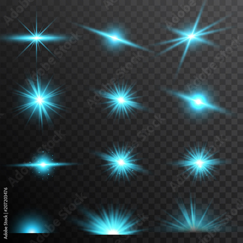 Set blue glow light lens effect sparkles on transparent background.