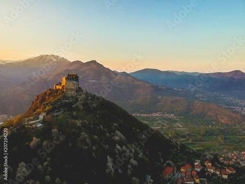 Billede på lærred The Sacra di San Michele (Saint Michael's) Abbey, Turin, Italy, sunset shot aeri