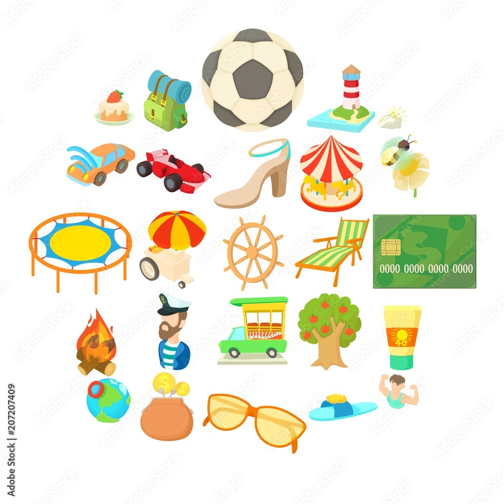 Carefree vacation icons set. Cartoon set of 25 carefree vacation vector icons for web isolated on white background