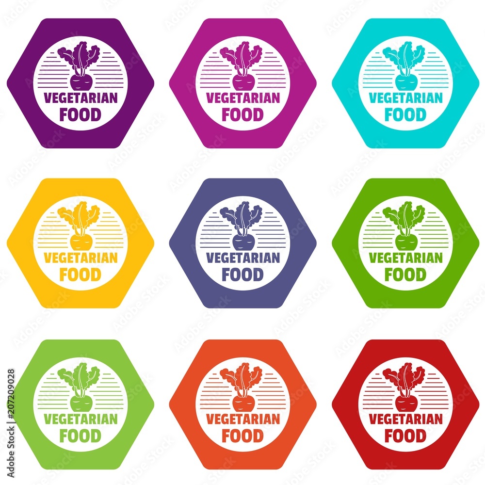 Obraz premium Vegetarian food icons 9 set coloful isolated on white for web