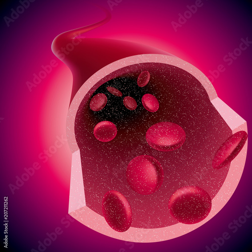 Medical concept design, vector drawn blood vessels and red blood cells.