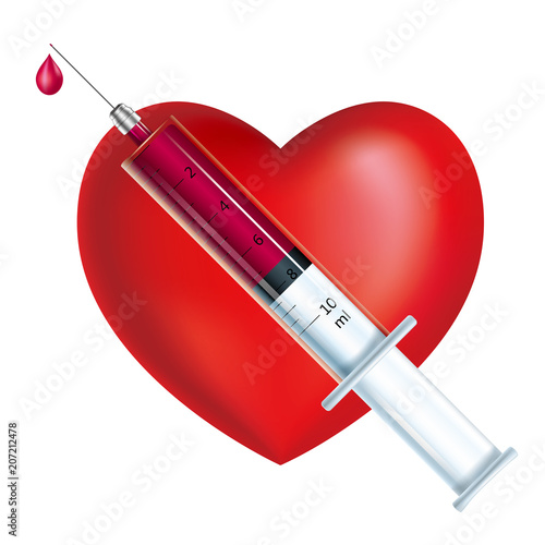 Syringe and heart-shaped symbol, isolated on white background.