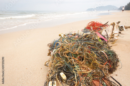 Washed-up fishing nets on the beach