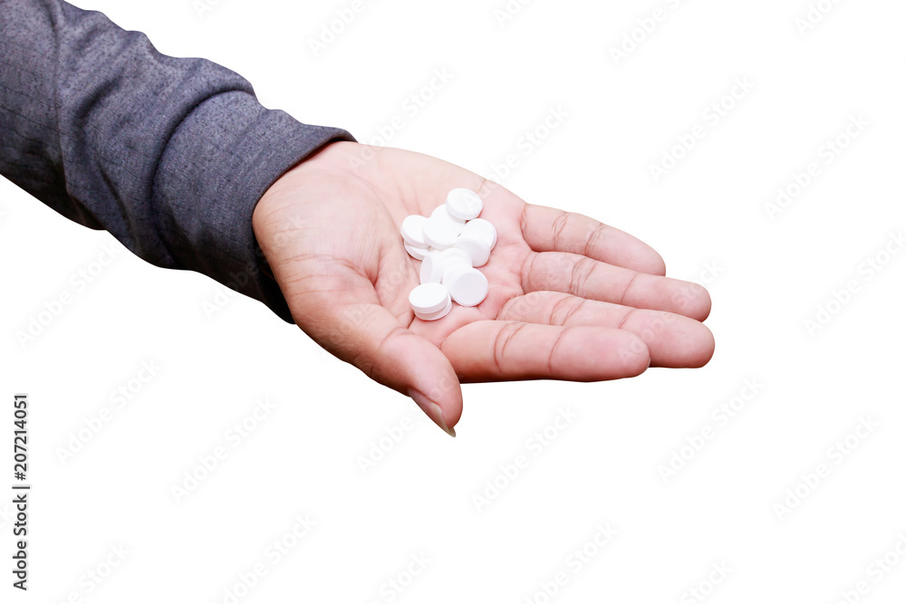 pills in hand male isolated on white background and clipping path. Stop drug use concept pills in hand male isolated on white background and clipping path. Stop drug use concept