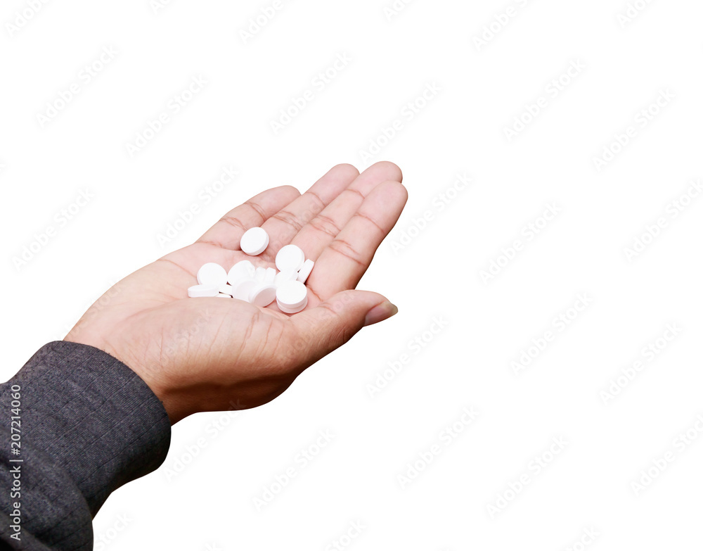 pills in hand male isolated on white background and clipping path. Stop drug use concept pills in hand male isolated on white background and clipping path. Stop drug use concept
