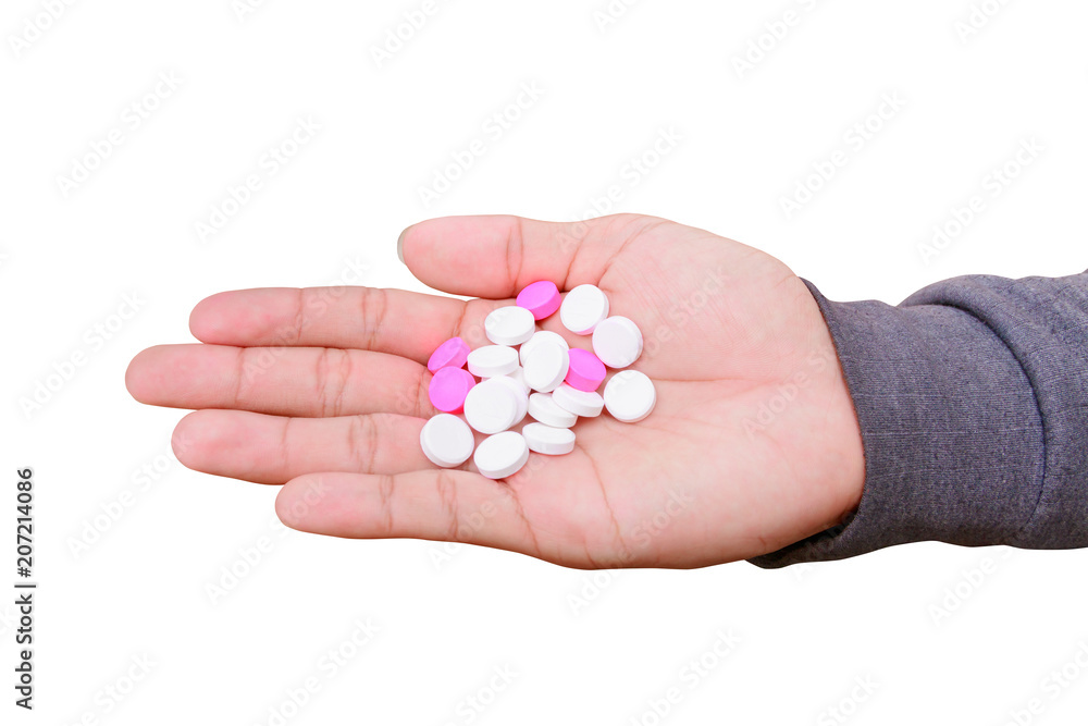 pills in hand male isolated on white background and clipping path. Stop drug use concept pills in hand male isolated on white background and clipping path. Stop drug use concept