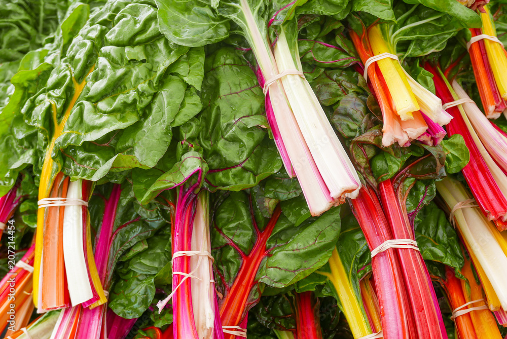 Bunches of rainbow chard at the farmers market