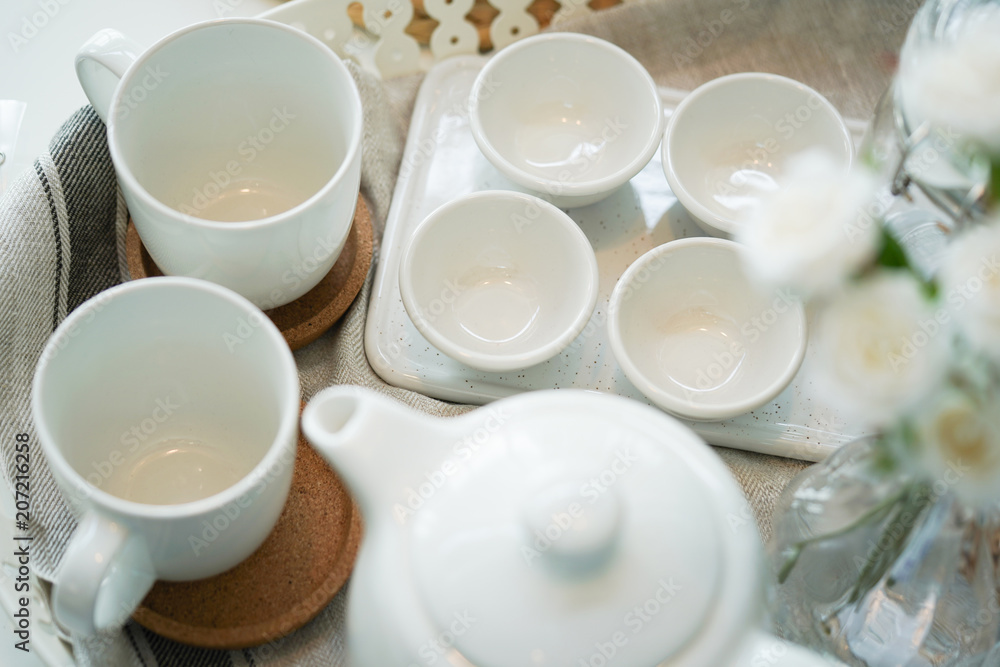 Empty white coffee set on table. Empty white coffee set on table.