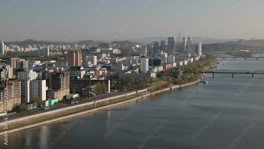 Pyongyang, elevated view of the city from the Yanggakdo International Hotel looking across the Taedong river, North Korea, DPRK, Asia Pyongyang, elevated view of the city from the Yanggakdo International Hotel looking across the Taedong river, North Korea, DPRK, Asia