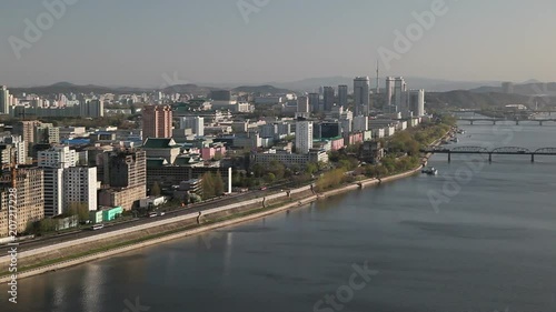 Pyongyang, elevated view of the city from the Yanggakdo International Hotel looking across the Taedong river, North Korea, DPRK, Asia photo