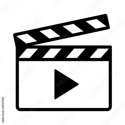 Obraz na plátně Movie clapperboard or film clapboard with play arrow line art vector icon for vi
