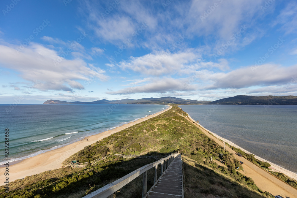 The spit lookout of the Bruny Island Neck view which shows the isthmus connecting the North and