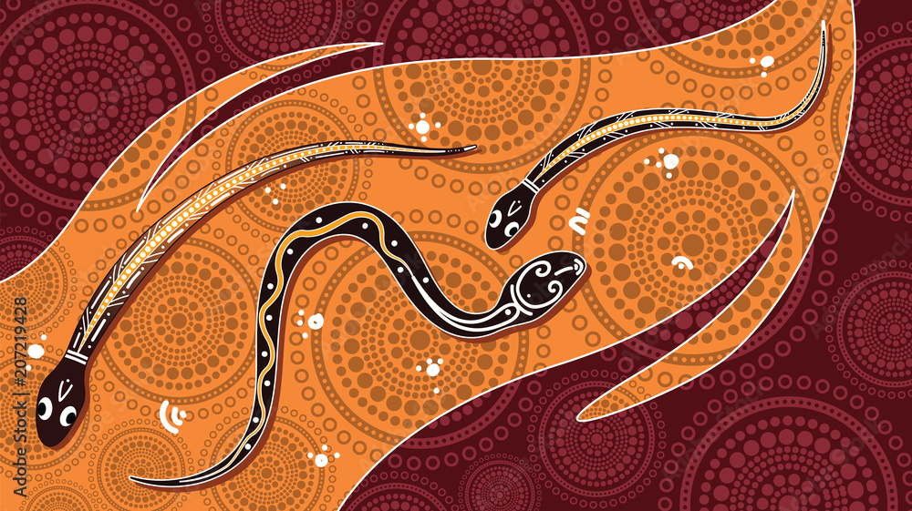 Fototapeta premium Aboriginal art vector painting with snake. Illustration based on aboriginal style of landscape background.