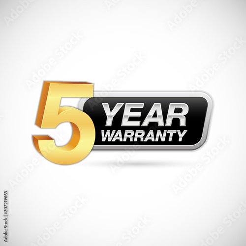 5 year warranty golden and silver badge isolated on white background