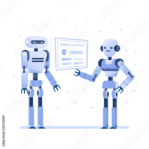 Two robots examine virtual hud interface with human extinction data